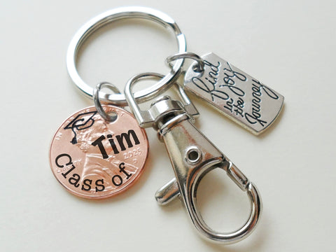 "Class Of" Engraved 2025 Penny Keychain with Engraved Graduate Cap & Name, with Find Joy in the Journey Charm and Clasp