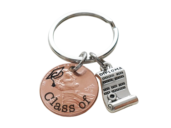 "Class Of" Engraved 2025 Penny Keychain with Engraved Graduate Cap & with Diploma Charm by Jewelry Everyday