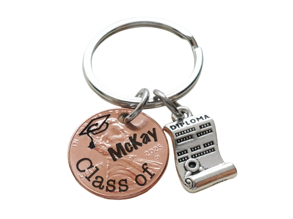Custom Engraved Graduation 2025 Penny Keychain with Diploma Charm, "Class of" Engraved Penny Personalized with Name, Graduate Keychain