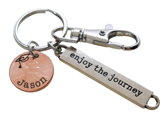Custom Engraved 2025 Penny Keychain with Engraved Graduate Cap & Name, with Enjoy the Journey Charm and Clasp