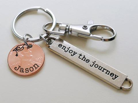 Custom Engraved 2025 Penny Keychain with Engraved Graduate Cap & Name, with Enjoy the Journey Charm and Clasp