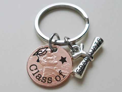 "Class Of" & Star Engraved 2025 Penny Keychain with Graduate Scroll Charm by Jewelry Everyday