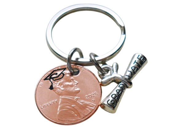 Custom Engraved Graduation 2025 Penny Keychain with Engraved Graduate Cap & Graduate Scroll Charm, Graduate Keychain