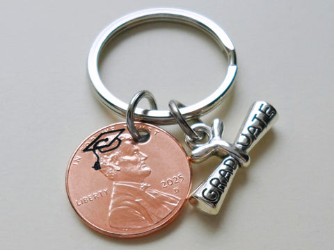 Custom Engraved Graduation 2025 Penny Keychain with Engraved Graduate Cap & Graduate Scroll Charm, Graduate Keychain