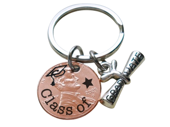"Class Of" & Star Engraved 2025 Penny Keychain with Graduate Scroll Charm by Jewelry Everyday