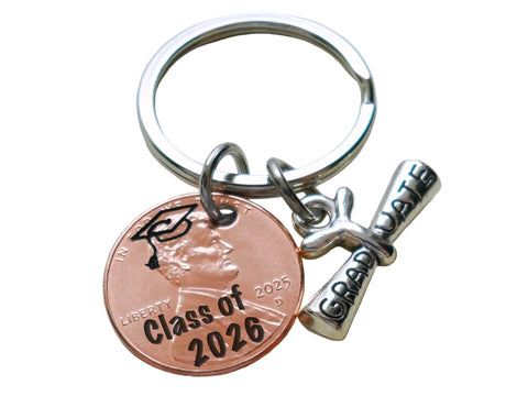 Custom Engraved Graduation Penny Keychain with "Class of 2026" Engraved & Graduate Cap & Graduate Scroll Charm, Graduate Keychain