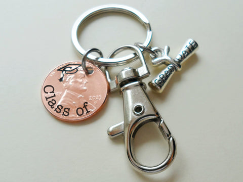 "Class Of" Engraved 2025 Penny Keychain with Engraved Graduate Cap & with Graduate Scroll Charm and Clasp