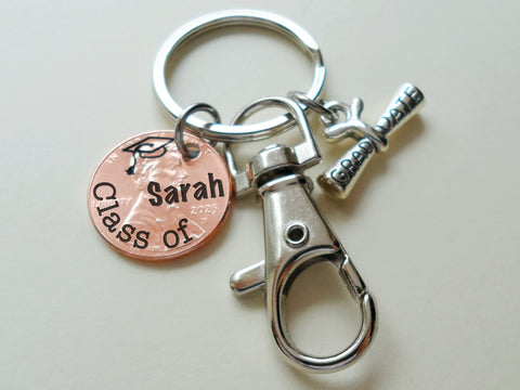 "Class Of" & Cap Engraved 2025 Penny Keychain with Custom Name with Graduate Scroll Charm & Clasp; Graduation Gift