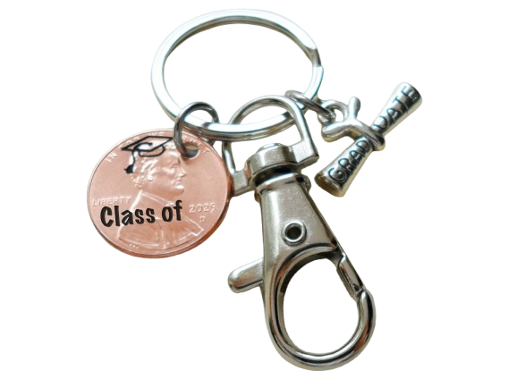 "Class Of" Engraved 2025 Penny Keychain with Engraved Graduate Cap & with Graduate Scroll Charm and Clasp