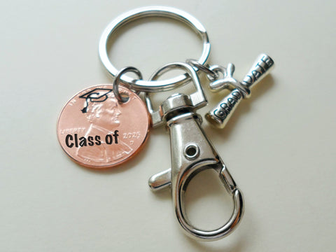 "Class Of" Engraved 2025 Penny Keychain with Engraved Graduate Cap & with Graduate Scroll Charm and Clasp