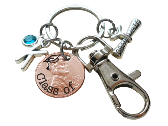 Custom "Class of" Engraved 2025 Penny Keychain with Engraved Graduation Cap and with Graduate Scroll Charm and Clasp & Initial Charm Option, Personalized Graduate Keychain