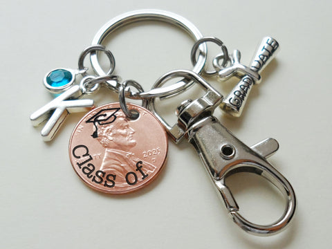 Custom "Class of" Engraved 2025 Penny Keychain with Engraved Graduation Cap and with Graduate Scroll Charm and Clasp & Initial Charm Option, Personalized Graduate Keychain