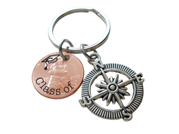 "Class Of" Engraved 2025 Penny Keychain with Engraved Graduate Cap & with Compass Charm by Jewelry Everyday