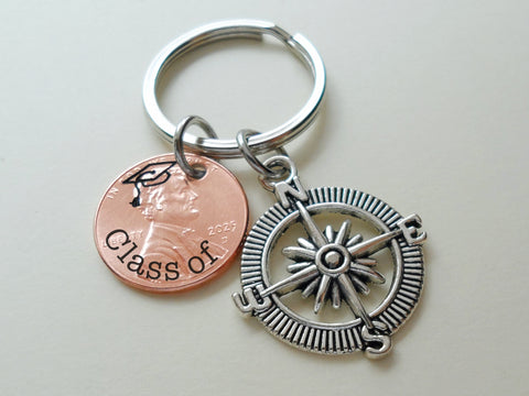 "Class Of" Engraved 2025 Penny Keychain with Engraved Graduate Cap & with Compass Charm by Jewelry Everyday