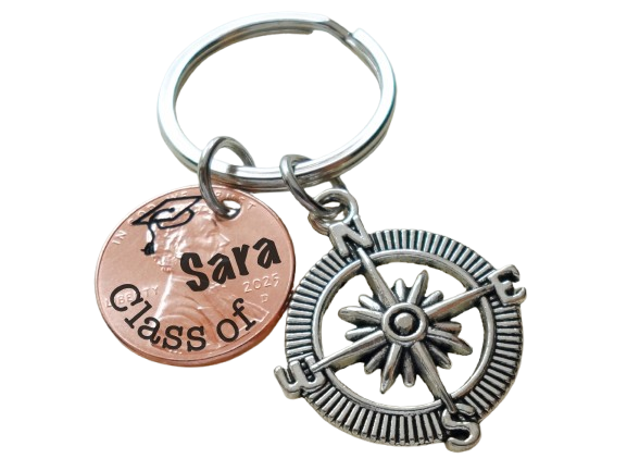 Custom Engraved "Class of" and Name on 2025 Penny Keychain with Compass Charm, Personalized Graduate Keychain, For Graduation