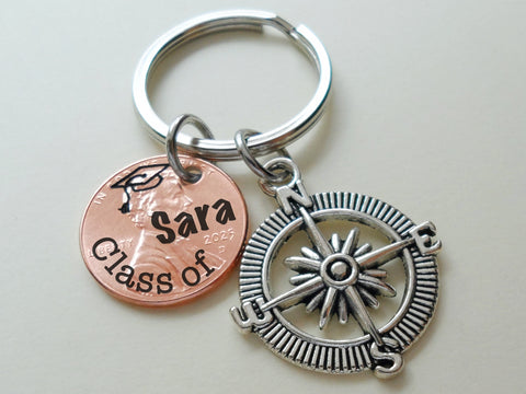 Custom Engraved "Class of" and Name on 2025 Penny Keychain with Compass Charm, Personalized Graduate Keychain, For Graduation