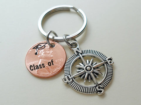 "Class of" Engraved Graduation 2025 Penny Keychain with Engraved Graduate Cap & Compass Charm