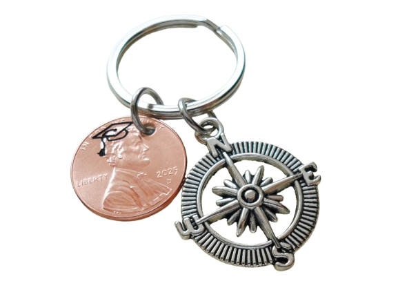 Custom Engraved Graduation 2025 Penny Keychain with Engraved Graduate Cap & Compass Charm, Graduate Keychain