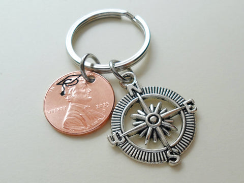 Custom Engraved Graduation 2025 Penny Keychain with Engraved Graduate Cap & Compass Charm, Graduate Keychain
