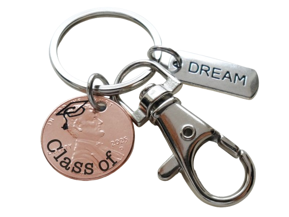 Custom "Class of" & Cap Engraved 2025 Penny Keychain with Dream Charm, Clasp, Personalized Option by Jewelry Everyday