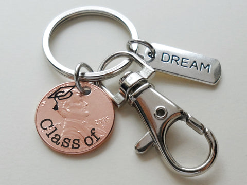 Custom "Class of" & Cap Engraved 2025 Penny Keychain with Dream Charm, Clasp, Personalized Option by Jewelry Everyday