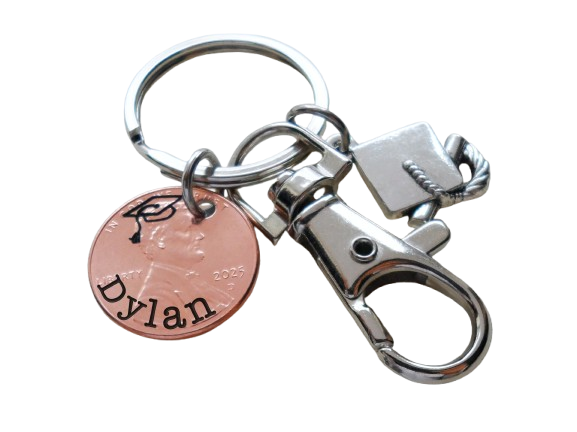 Custom Engraved 2025 Penny Keychain with Engraved Graduate Cap & Name, and with Graduate Cap Charm and Clasp