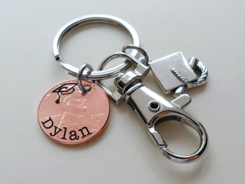 Custom Engraved 2025 Penny Keychain with Engraved Graduate Cap & Name, and with Graduate Cap Charm and Clasp