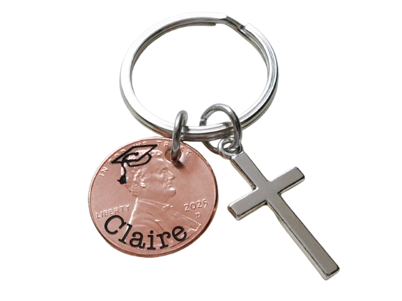 Custom Engraved Graduation 2025 Penny Keychain with Name and Engraved Graduate Cap & Cross Charm, Graduate Keychain