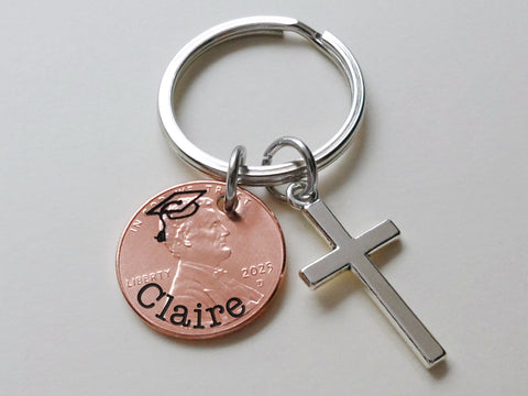 Custom Engraved Graduation 2025 Penny Keychain with Name and Engraved Graduate Cap & Cross Charm, Graduate Keychain