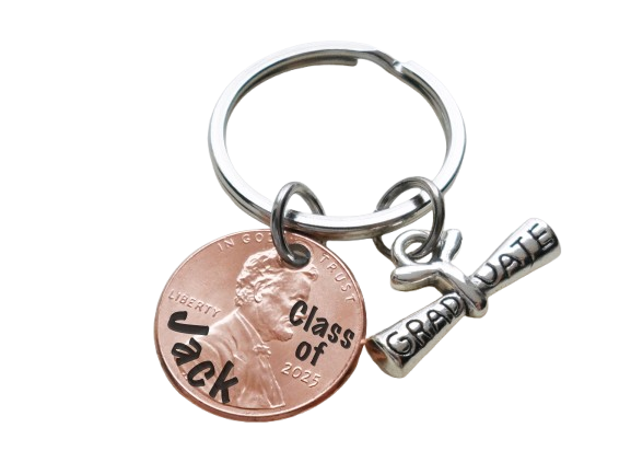 Custom Engraved "Class of" and Name on 2025 Penny Keychain with Graduate Scroll Charm, Personalized Graduate Keychain, For Graduation