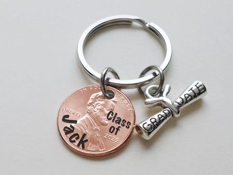 Custom Engraved "Class of" and Name on 2025 Penny Keychain with Graduate Scroll Charm, Personalized Graduate Keychain, For Graduation