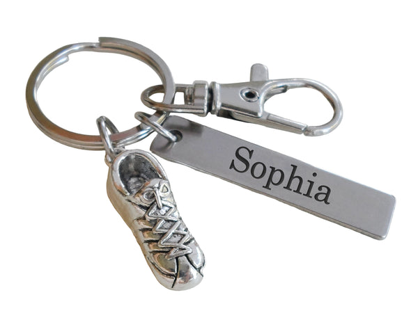 Cross Country Charm Keychain with Running Shoe Charm, Custom Engraved Tag & Swivel Clasp