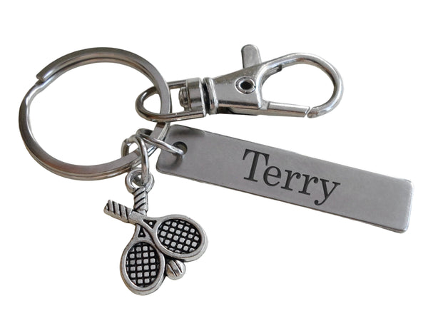 Tennis Charm Keychain with Custom Engraved Tag, Clasp & Tennis Racquets Charm, For Student or Coach