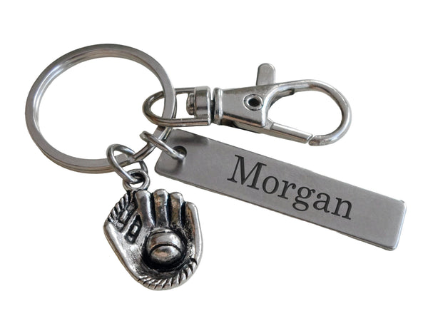 Baseball Mitt Charm Keychain with Custom Engraved Tag & Clasp, Personalized Name For Softball / Baseball Player or Coach