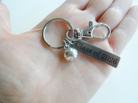 Basketball Charm Keychain with Custom Engraved Steel Tag & Clasp, For Graduate, School Team Player or Coach Gift