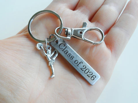 Cheerleader Charm Keychain with Custom Engraved Tag & Clasp, For Cheerleading Student or Coach