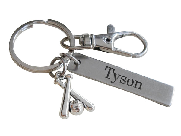 Baseball Bats Charm Keychain with Custom Engraved Tag & Clasp, Personalized Name For Softball / Baseball Player or Coach
