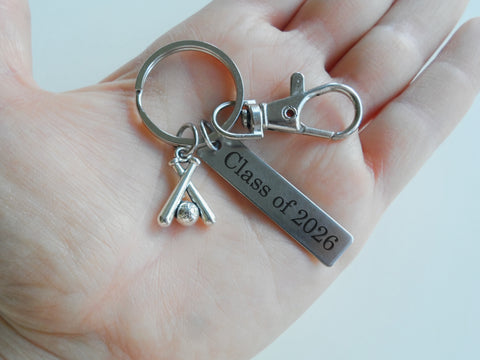 Baseball Bats Charm Keychain with Custom Engraved Tag & Clasp, Personalized Name For Softball / Baseball Player or Coach