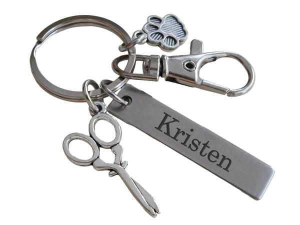 Scissors & Paw Charm Keychain with Custom Engraved Tag & Clasp, For Pet Groomer Gift