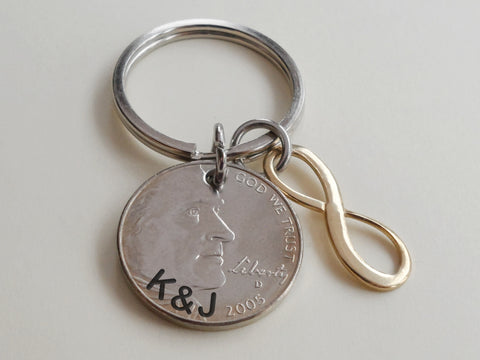 Custom Engraved Nickel & Brass Infinity Charm Keychain, 21 Year Anniversary Gift Personalized