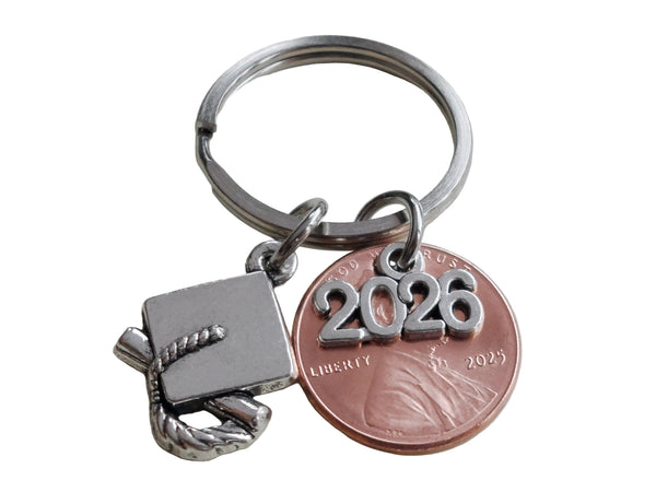 Graduation Penny Keychain with 2025 or 2026 Charm Over a 2025 Penny & Graduate Cap Charm