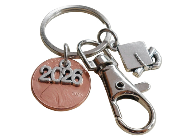Graduation Penny Keychain with 2025 or 2026 Charm Over a 2025 Penny, Graduate Cap Charm & Swivel Clasp, Class of 2025 or 2026 - by Jewelry Everyday