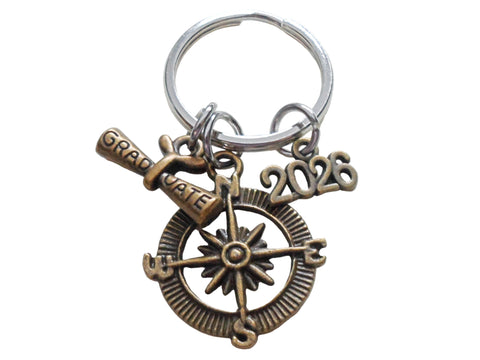 Custom Graduation Bronze Compass Charm Keychain with Graduate Scroll Charm, Class of 2025 or 2026 Personalized Graduate Keychain Gift