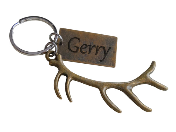 Bronze Deer Antler Charm Keychain with Custom Engraved Tag, Hunters Keychain Gift