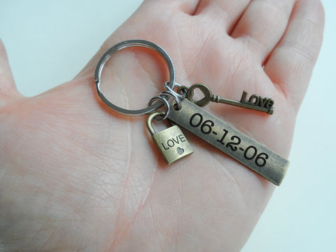 Custom Engraved Bronze Tag Keychain with Love Lock & Key Charm