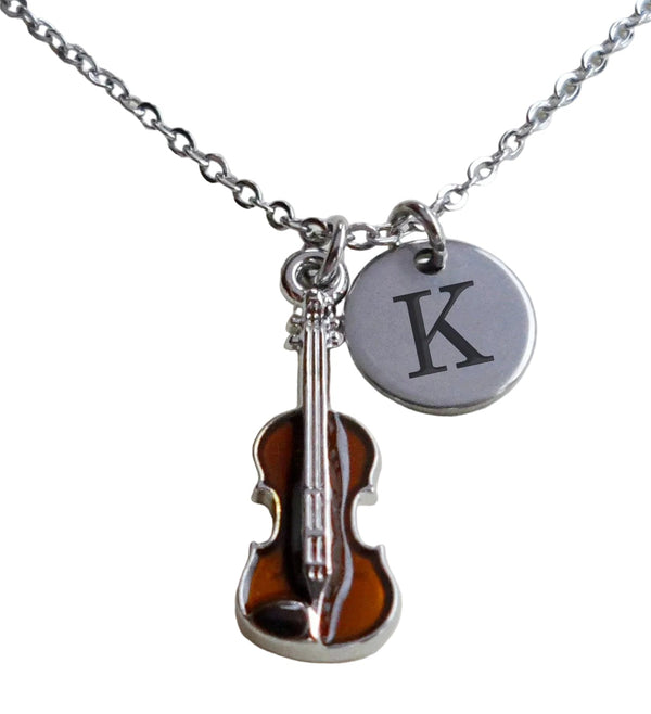 Violin / Viola Charm Necklace with Engraved Initial Disc Charm, Musician or Music Teacher Gift