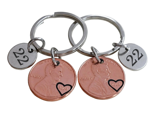 Double Keychain Set, 2004 Penny Keychains with Number 22 Charms; 22 Year Anniversary