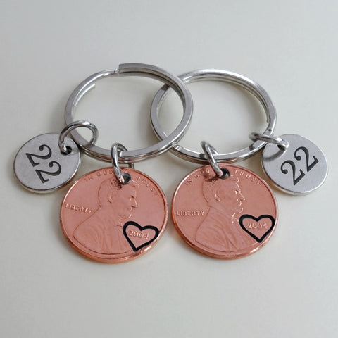 Double Keychain Set, 2004 Penny Keychains with Number 22 Charms; 22 Year Anniversary