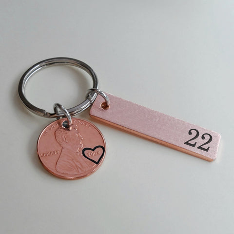 2004 Penny Keychain with Copper Tag Engraved with "22", Couples 22 Year Anniversary Gift