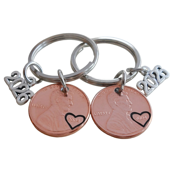 2 Custom Penny Keychains with 2026 Charms, Personalized Lucky Penny Anniversary Key Chain